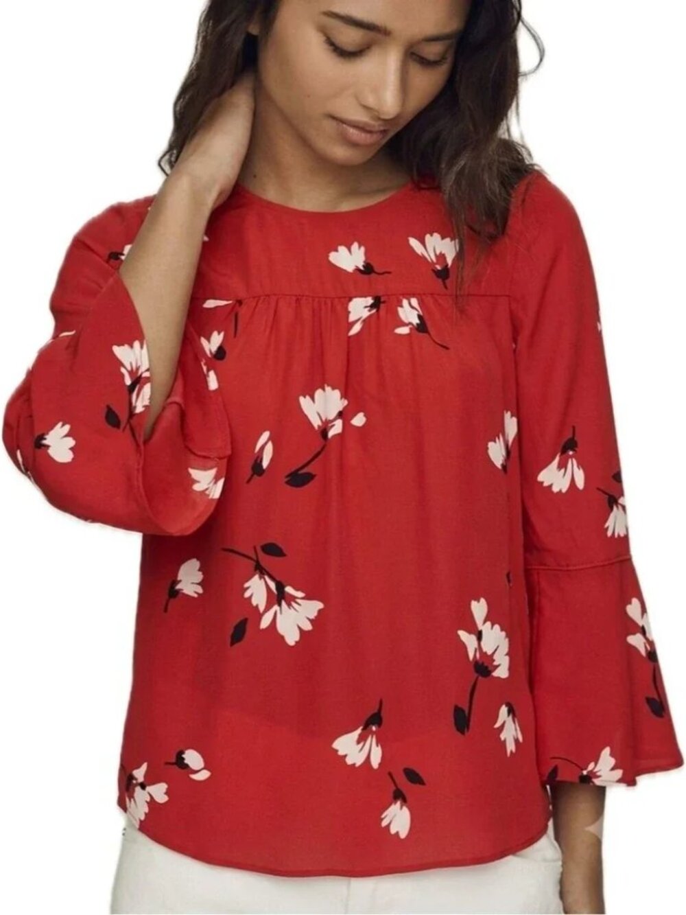 JOIE Marlene Silk Poppy Red Babydoll Blouse 3/4 Long Bell Sleeve Women's Size L